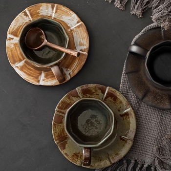 Cană de cafea în stil japonez, ceramică rustic retro, lucrată manual, cu farfurie, set pour-over