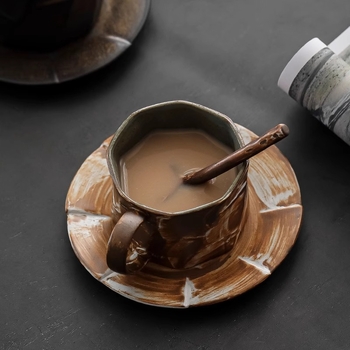 Cană de cafea în stil japonez, ceramică rustic retro, lucrată manual, cu farfurie, set pour-over