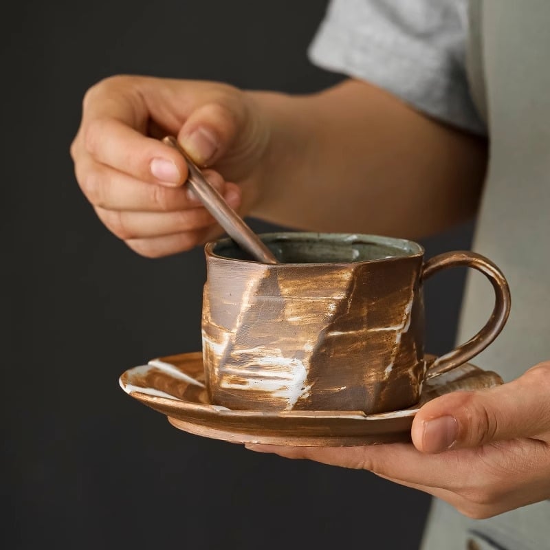 Cană de cafea în stil japonez, ceramică rustic retro, lucrată manual, cu farfurie, set pour-over