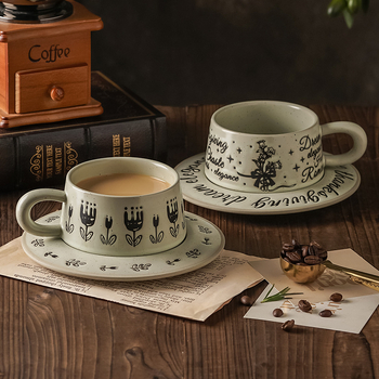 Set de cești de cafea cu farfurie, ceramică, model floral retro, design minimalist modern, personalizabil