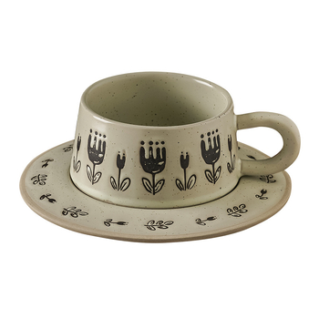 Set de cești de cafea cu farfurie, ceramică, model floral retro, design minimalist modern, personalizabil