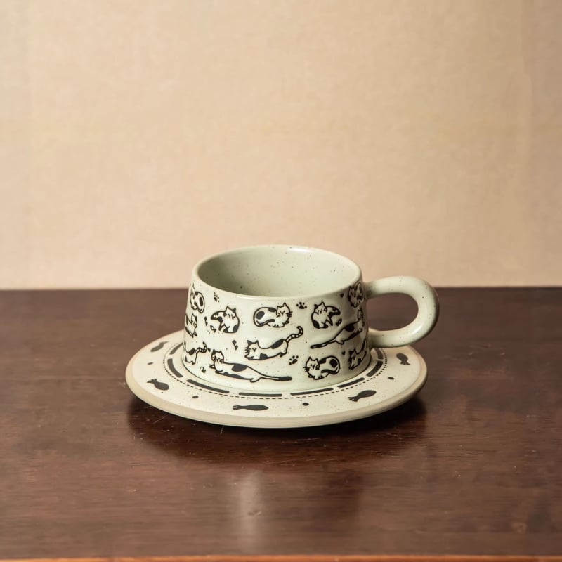 Set de cești de cafea cu farfurie, ceramică, model floral retro, design minimalist modern, personalizabil