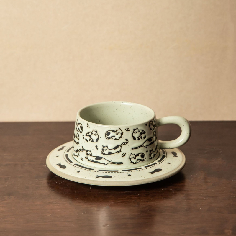 Set de cești de cafea cu farfurie, ceramică, model floral retro, design minimalist modern, personalizabil