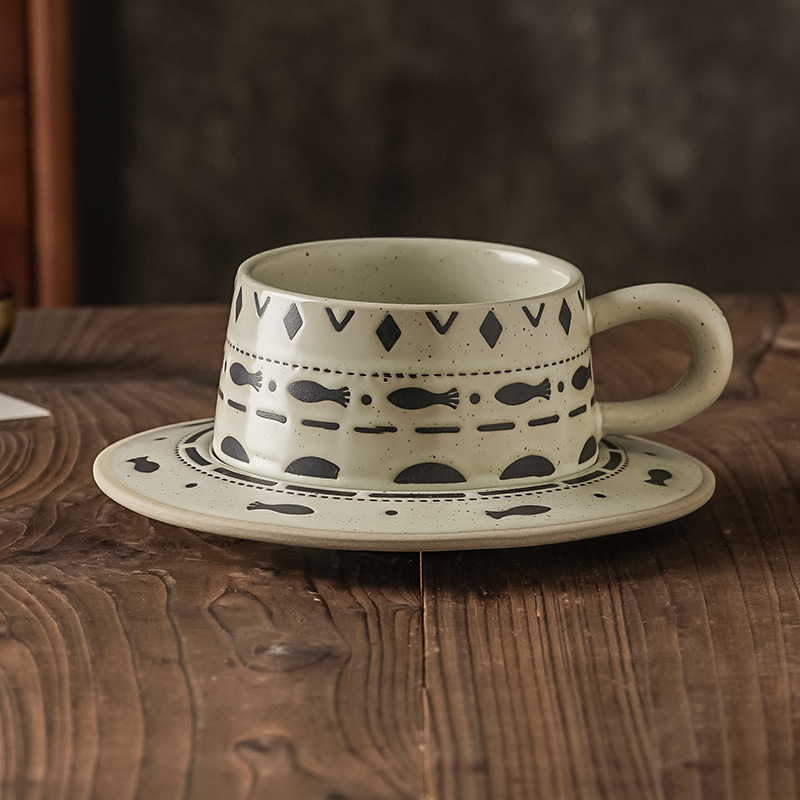 Set de cești de cafea cu farfurie, ceramică, model floral retro, design minimalist modern, personalizabil