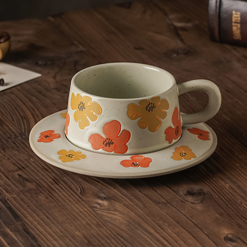 Set de cești de cafea cu farfurie, ceramică, model floral retro, design minimalist modern, personalizabil