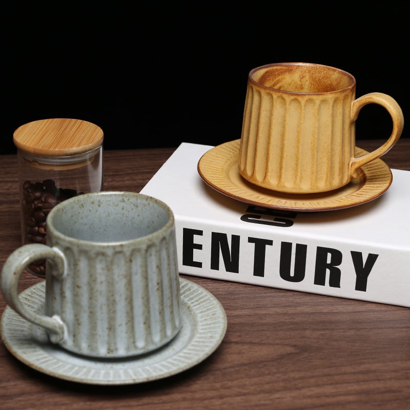 Set de cești de cafea și farfurioară în stil european, cu coloane romane în dungi, vintage elegant pentru casă și birou