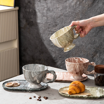 Set de cafea cu farfurioară, model marmură, capacitate mare, mâner torsionat, ceașcă pentru latte art