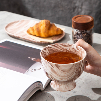 Set de cafea cu farfurioară, model marmură, capacitate mare, mâner torsionat, ceașcă pentru latte art