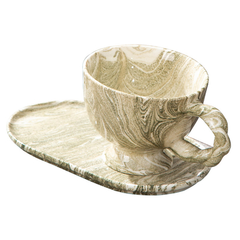 Set de cafea cu farfurioară, model marmură, capacitate mare, mâner torsionat, ceașcă pentru latte art
