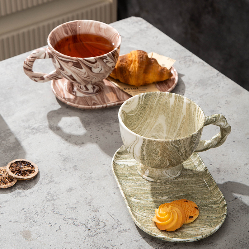 Set de cafea cu farfurioară, model marmură, capacitate mare, mâner torsionat, ceașcă pentru latte art
