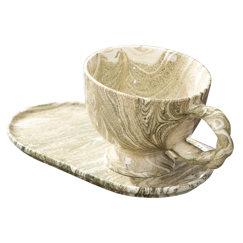 Set de cafea cu farfurioară, model marmură, capacitate mare, mâner torsionat, ceașcă pentru latte art