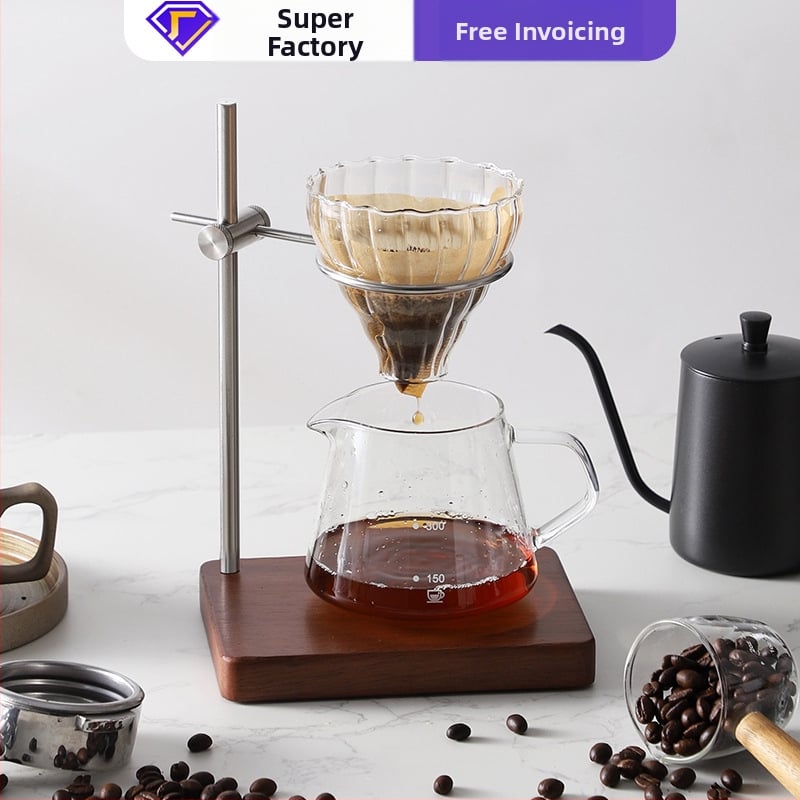 Set de suport pentru cafea pour-over din lemn masiv, cu filtru V60, cană din sticlă și accesorii din oțel inoxidabil