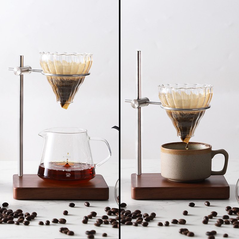 Set de suport pentru cafea pour-over din lemn masiv, cu filtru V60, cană din sticlă și accesorii din oțel inoxidabil