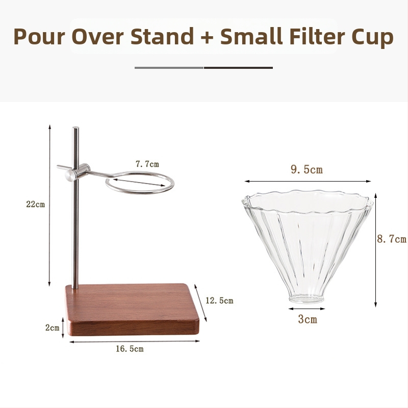 Set de suport pentru cafea pour-over din lemn masiv, cu filtru V60, cană din sticlă și accesorii din oțel inoxidabil