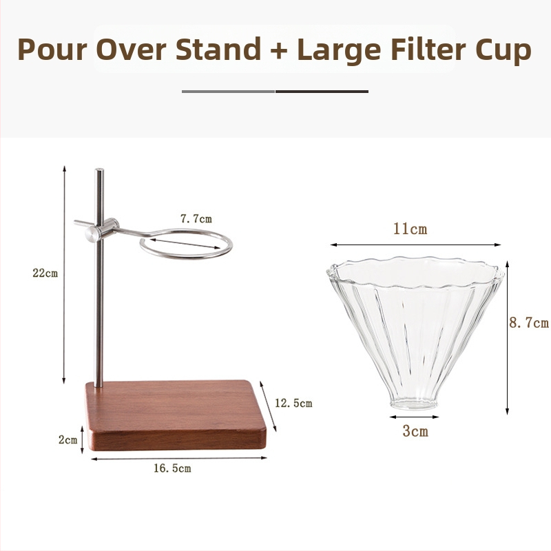 Set de suport pentru cafea pour-over din lemn masiv, cu filtru V60, cană din sticlă și accesorii din oțel inoxidabil
