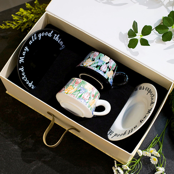 Set cești de cafea și farfurioare din ceramică, seria Grădina, vintage, în cutie cadou