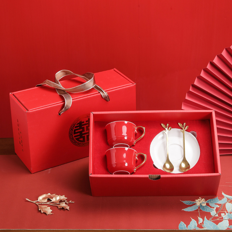 Ceașcă de cafea din porțelan cu farfuriu – logo personalizat, stil chinezesc, set cadou de nuntă pentru cupluri
