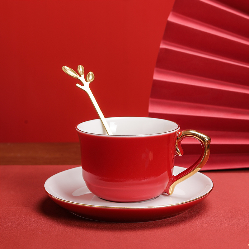 Ceașcă de cafea din porțelan cu farfuriu – logo personalizat, stil chinezesc, set cadou de nuntă pentru cupluri