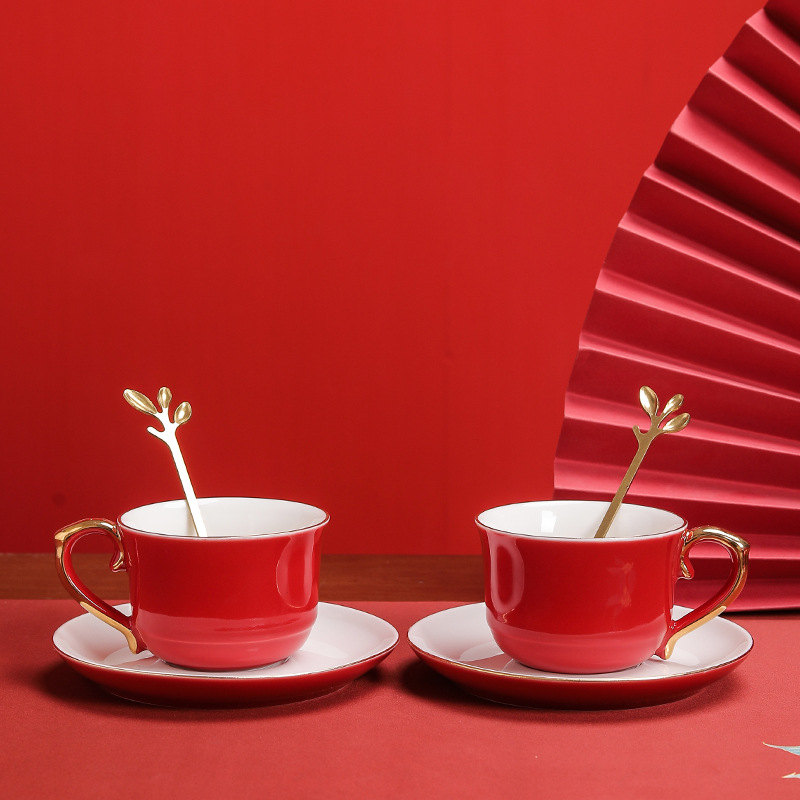 Ceașcă de cafea din porțelan cu farfuriu – logo personalizat, stil chinezesc, set cadou de nuntă pentru cupluri