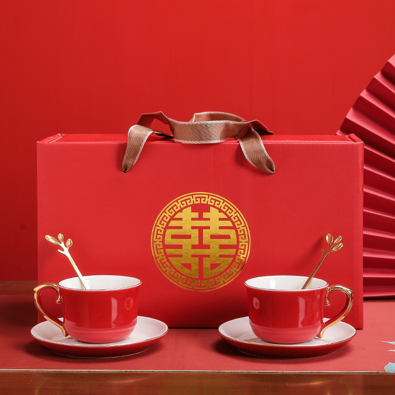 Ceașcă de cafea din porțelan cu farfuriu – logo personalizat, stil chinezesc, set cadou de nuntă pentru cupluri