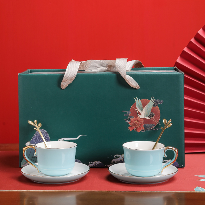 Ceașcă de cafea din porțelan cu farfuriu – logo personalizat, stil chinezesc, set cadou de nuntă pentru cupluri