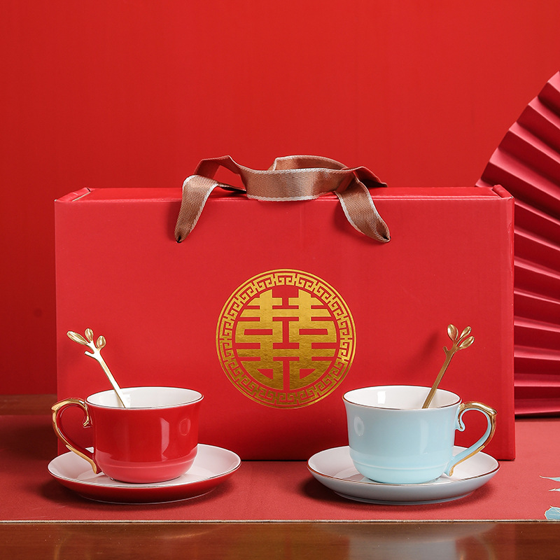 Ceașcă de cafea din porțelan cu farfuriu – logo personalizat, stil chinezesc, set cadou de nuntă pentru cupluri