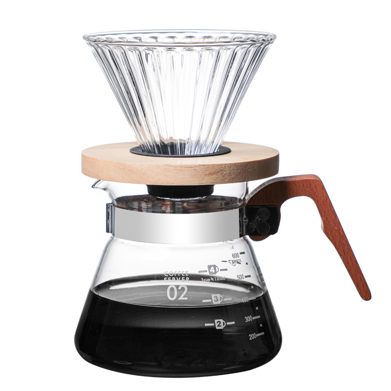 Set cafea din sticlă borosilicat de înaltă rezistență, cu filtru V60 și ceașcă-filtru cu dungi drepte