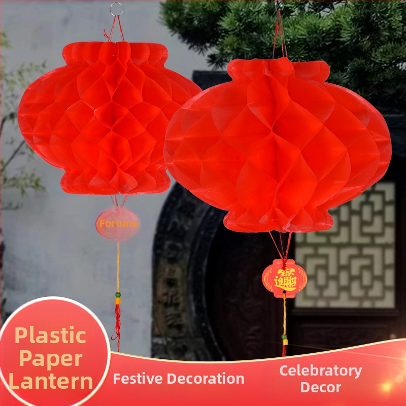 Fanal rotund din hârtie roșie cu textură fagure, pentru agățat, dimensiuni 20–60 cm, decorațiuni festive DIY pentru inaugurări de magazin și amenajare centrul comercial