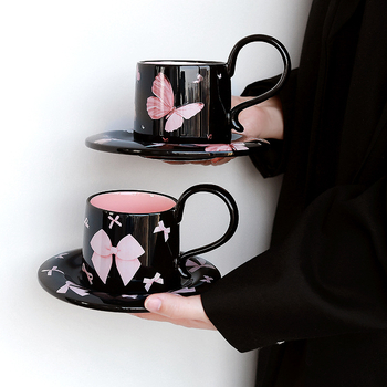 Set de cești de cafea ceramice cu farfurioară, model inimă, lucrat manual, stil modern minimalist