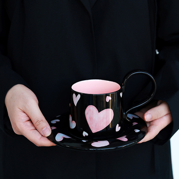 Set de cești de cafea ceramice cu farfurioară, model inimă, lucrat manual, stil modern minimalist