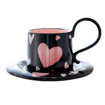 Set de cești de cafea ceramice cu farfurioară, model inimă, lucrat manual, stil modern minimalist