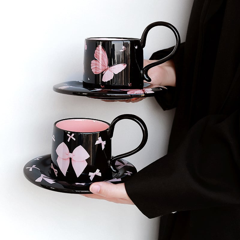 Set de cești de cafea ceramice cu farfurioară, model inimă, lucrat manual, stil modern minimalist
