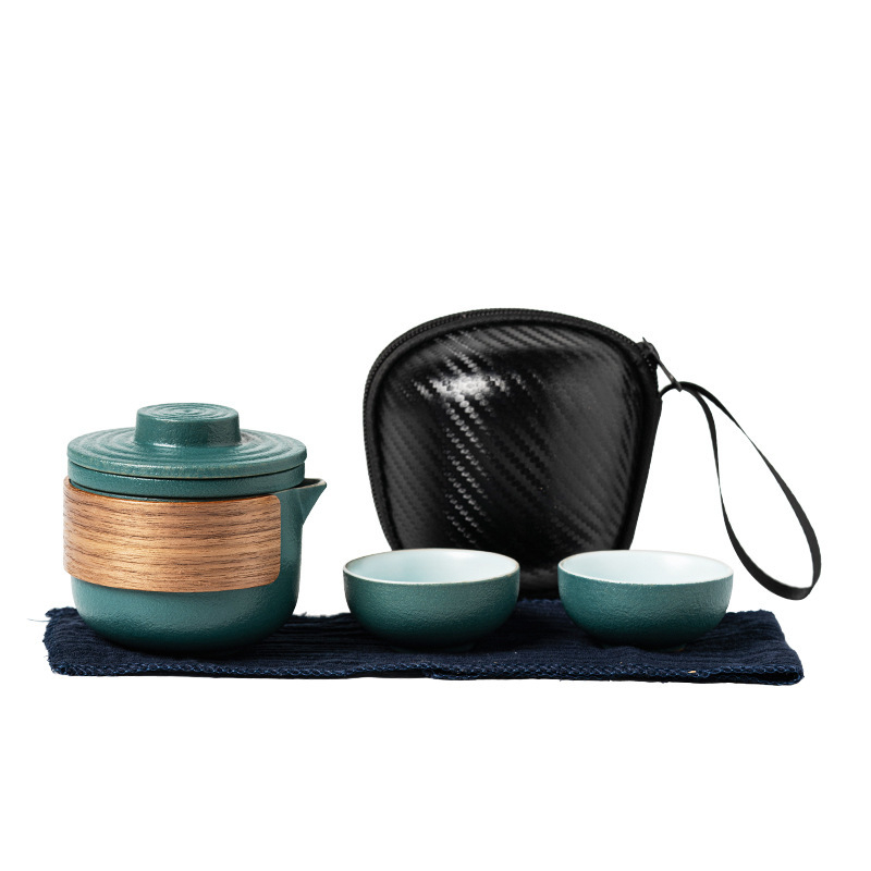 Set de ceai ceramic portabil pentru călătorii și camping, cu un ceainic și două cești — set cadou de afaceri