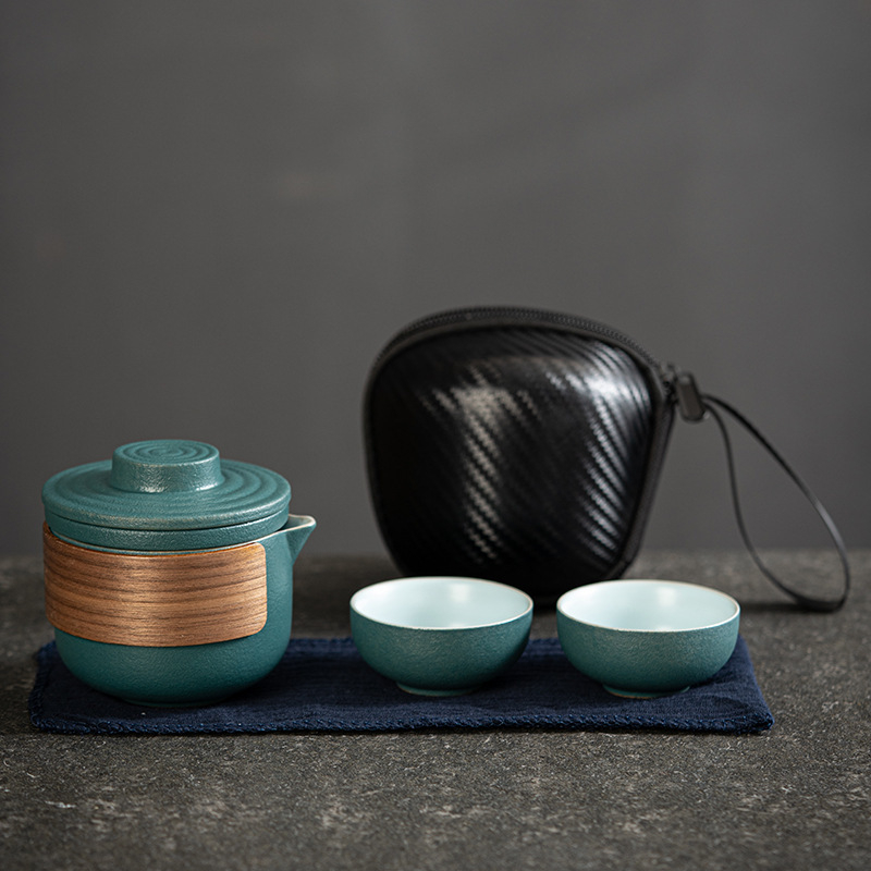 Set de ceai ceramic portabil pentru călătorii și camping, cu un ceainic și două cești — set cadou de afaceri