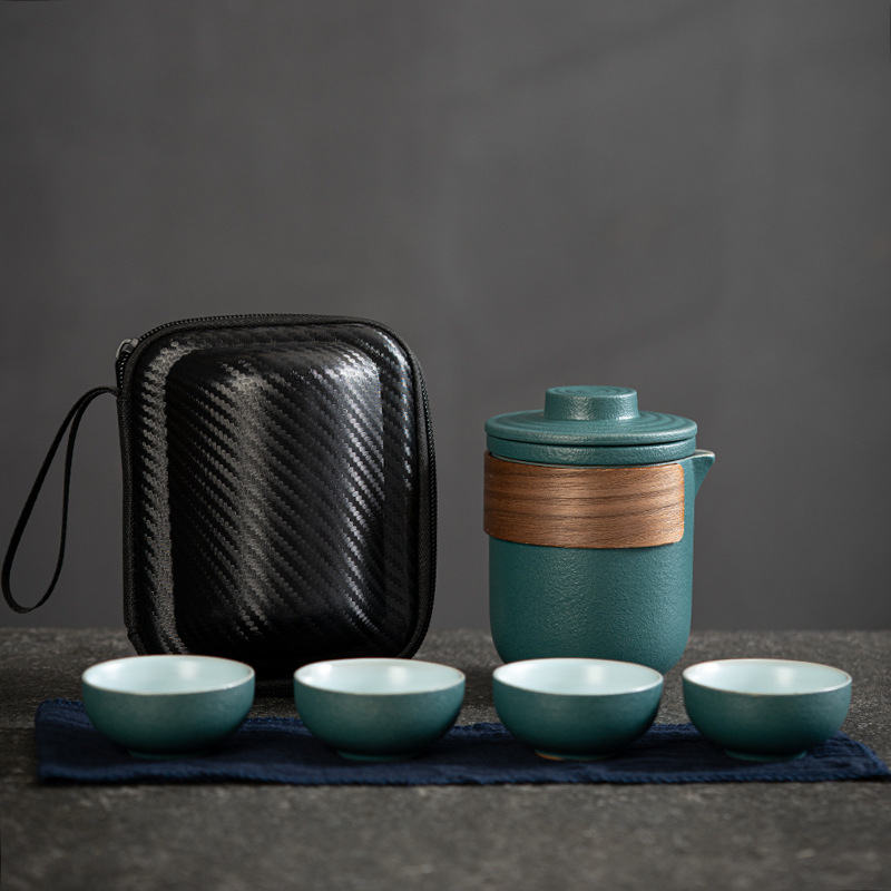 Set de ceai ceramic portabil pentru călătorii și camping, cu un ceainic și două cești — set cadou de afaceri