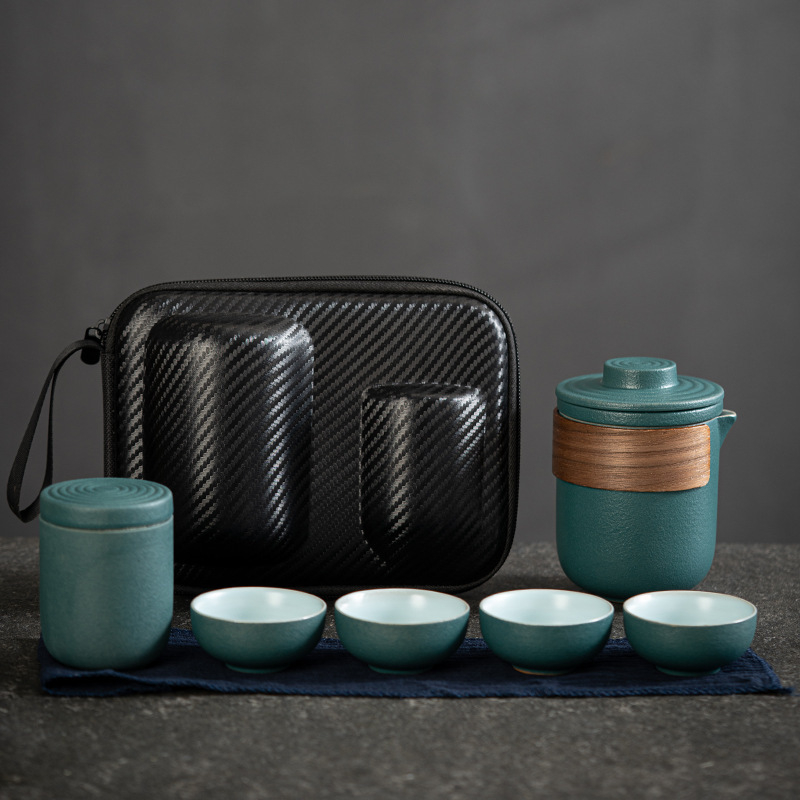 Set de ceai ceramic portabil pentru călătorii și camping, cu un ceainic și două cești — set cadou de afaceri