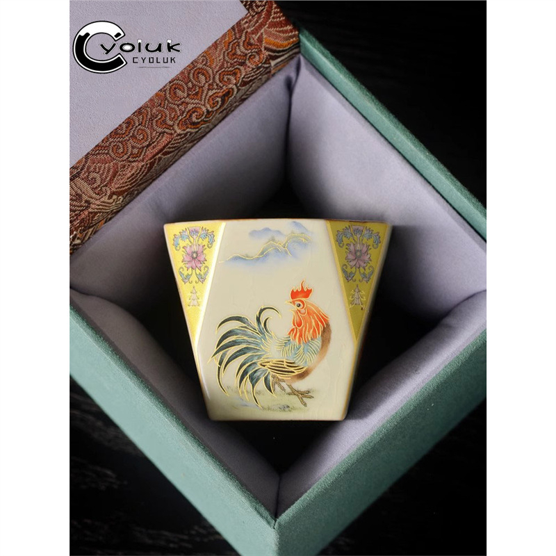 Cyoluk Ceașcă de ceai ceramică, model cocoș, design octagonal, pentru o porție, set de ceai lux în cutie cadou