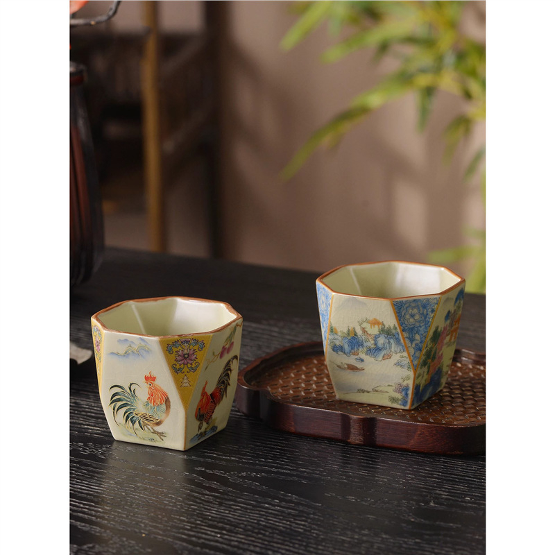 Cyoluk Ceașcă de ceai ceramică, model cocoș, design octagonal, pentru o porție, set de ceai lux în cutie cadou