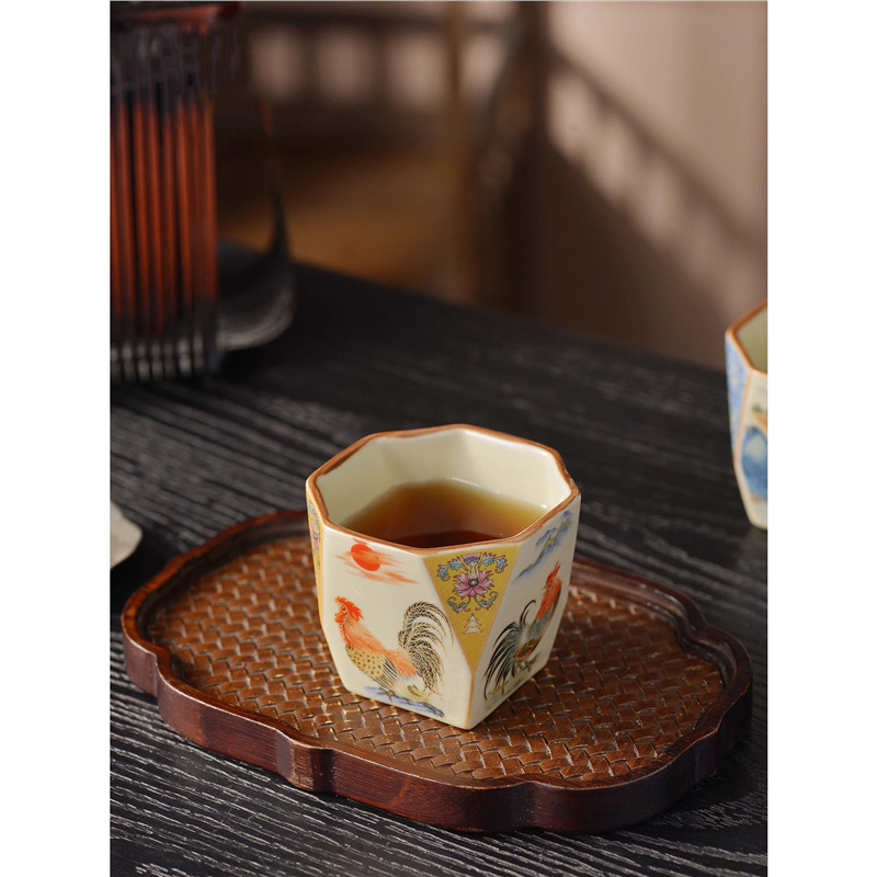 Cyoluk Ceașcă de ceai ceramică, model cocoș, design octagonal, pentru o porție, set de ceai lux în cutie cadou