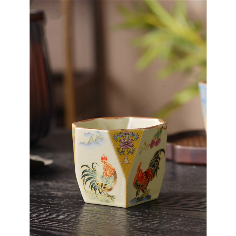 Cyoluk Ceașcă de ceai ceramică, model cocoș, design octagonal, pentru o porție, set de ceai lux în cutie cadou