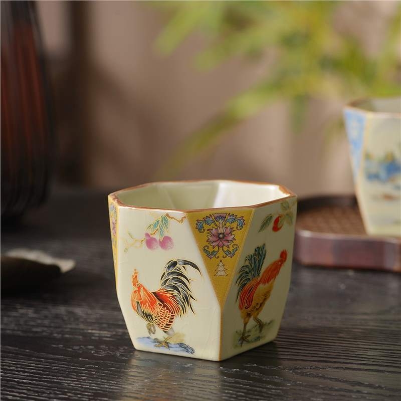 Cyoluk Ceașcă de ceai ceramică, model cocoș, design octagonal, pentru o porție, set de ceai lux în cutie cadou