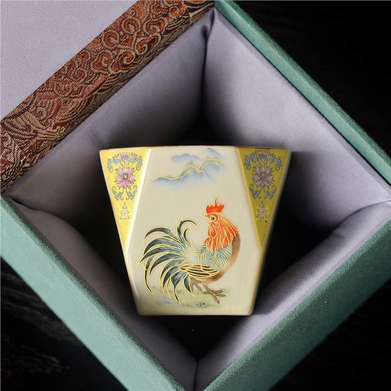 Cyoluk Ceașcă de ceai ceramică, model cocoș, design octagonal, pentru o porție, set de ceai lux în cutie cadou