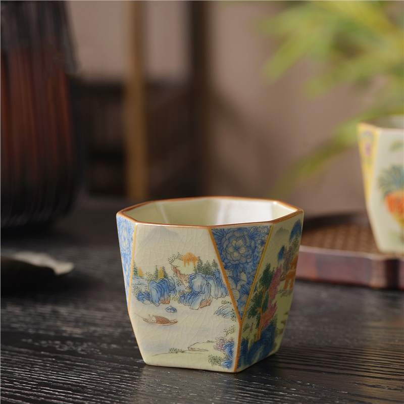 Cyoluk Ceașcă de ceai ceramică, model cocoș, design octagonal, pentru o porție, set de ceai lux în cutie cadou