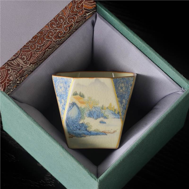 Cyoluk Ceașcă de ceai ceramică, model cocoș, design octagonal, pentru o porție, set de ceai lux în cutie cadou