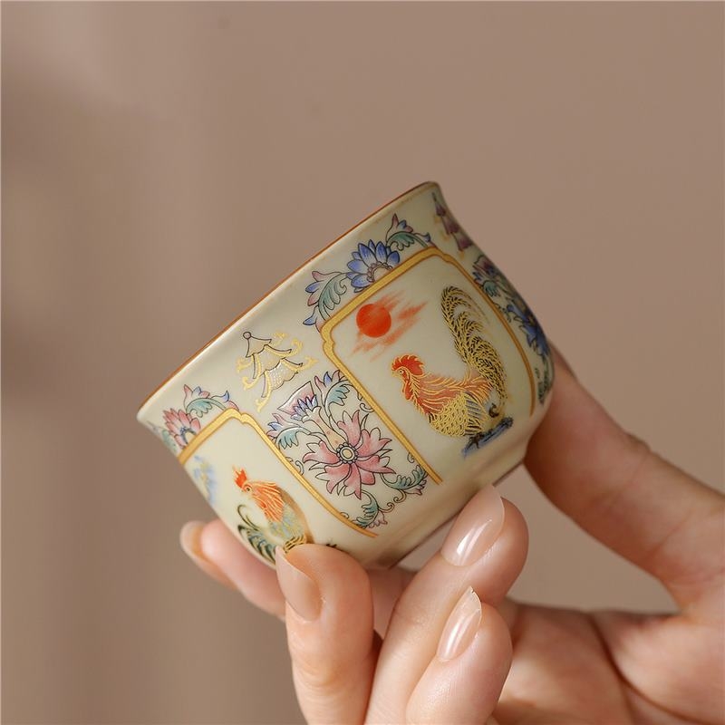 Cyoluk Ceașcă de ceai ceramică, model cocoș, design octagonal, pentru o porție, set de ceai lux în cutie cadou
