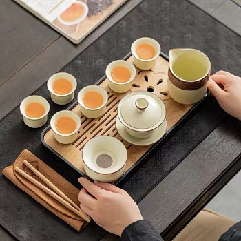Set de ceai de călătorie în stil Ru Kiln, ceainic Kung Fu ceramic, cești și tavă pentru ceai