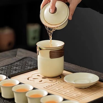 Set de ceai de călătorie în stil Ru Kiln, ceainic Kung Fu ceramic, cești și tavă pentru ceai