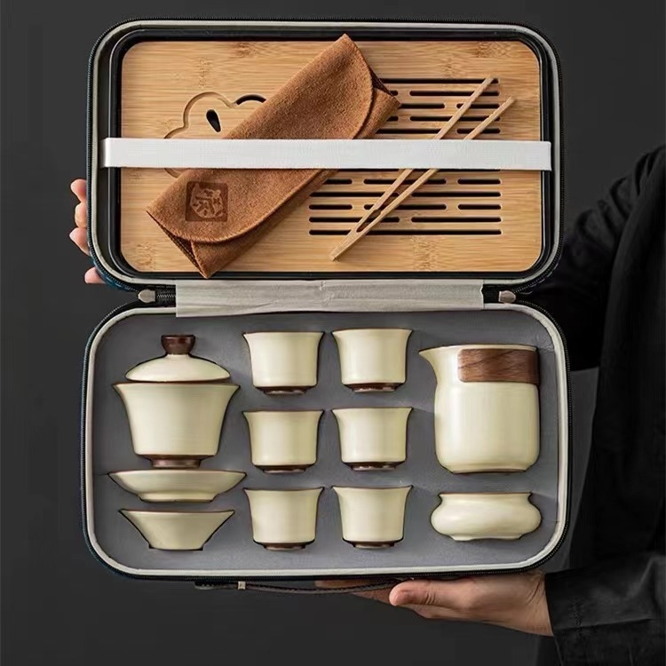 Set de ceai de călătorie în stil Ru Kiln, ceainic Kung Fu ceramic, cești și tavă pentru ceai
