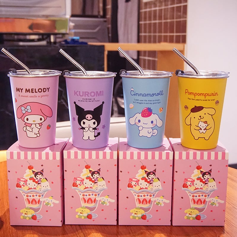 Ceașcă de cafea Melody Kuromi cu capac, în stil Instagram, din oțel inoxidabil 304, pentru camping în aer liber