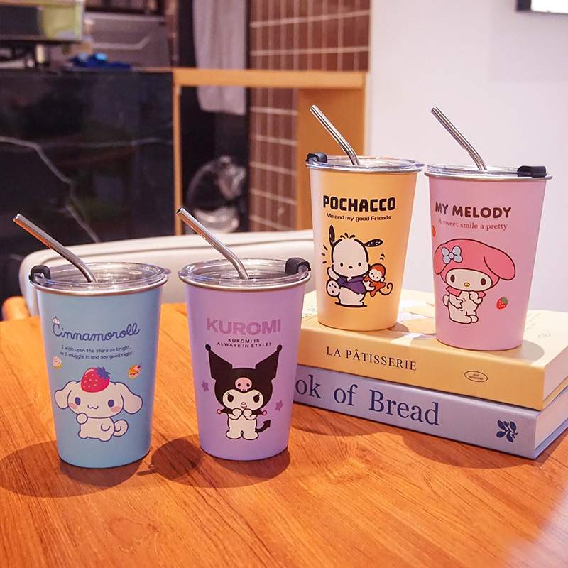 Ceașcă de cafea Melody Kuromi cu capac, în stil Instagram, din oțel inoxidabil 304, pentru camping în aer liber